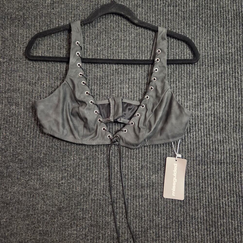 NWT Missguided Dark Gray Faux Leather Lace Up Bralette Crop Top Size Large